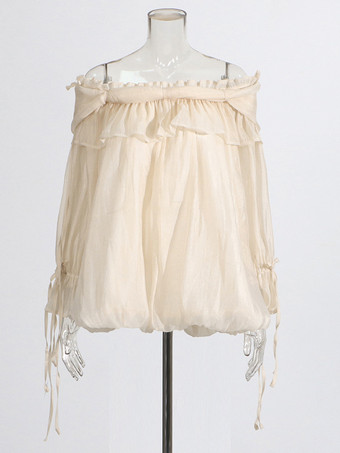 レディースオフショルダーシフォンブラウス - フェアリーコア フリルバブルヘム長袖トップス - サマーカジュアルパーティ2026