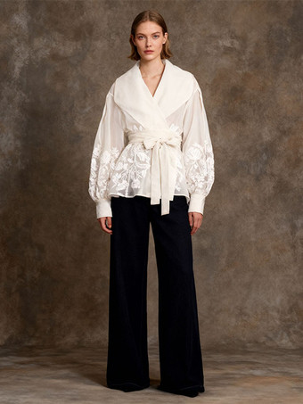 アプリコット刺繍入りオーガンザブラウス パフスリーブトップス レディース - アプリコット ボヘミアン風タイウエスト シアーラップシャツ - サマーガーデンパーティー 2026