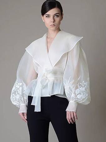 刺繍入りオーガンザブラウス パフスリーブトップス レディース - アプリコット ボヘミアン風タイウエスト シアーラップシャツ - サマーガーデンパーティー 2026