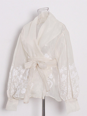 刺繍入りオーガンザブラウス パフスリーブトップス レディース - アプリコット ボヘミアン風タイウエスト シアーラップシャツ - サマーガーデンパーティー 2026