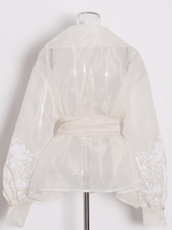 刺繍入りオーガンザブラウス パフスリーブトップス レディース - アプリコット ボヘミアン風タイウエスト シアーラップシャツ - サマーガーデンパーティー 2026