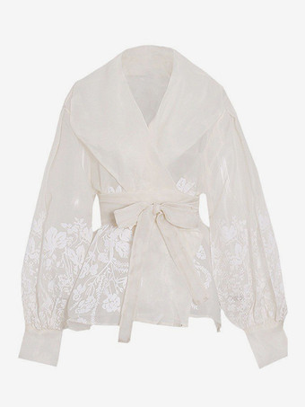 刺繍入りオーガンザブラウス パフスリーブトップス レディース - アプリコット ボヘミアン風タイウエスト シアーラップシャツ - サマーガーデンパーティー 2026