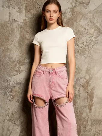 DIESEL WIDEE W27/L32ピンクワイドデニムハイウエストQRタグ付 カットアウトラインストーンピンクジーンズ（レディース） - ハイ