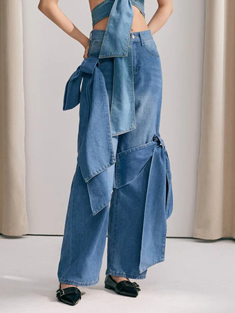 ブルー リボン結びワイドレッグジーンズ（レディース） - ミディアムブルー Y2K風ハイウエストバギーデニムパンツ - 2026年春ストリートウェア