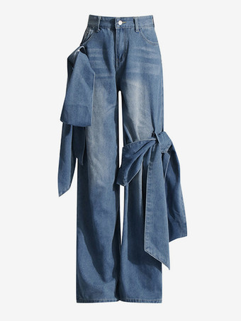 リボン結びワイドレッグジーンズ（レディース） - ミディアムブルー Y2K風ハイウエストバギーデニムパンツ - 2026年春ストリートウェア
