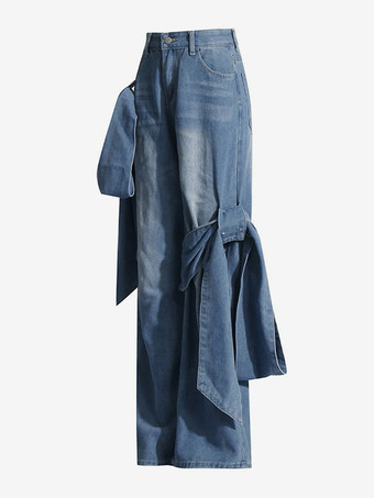 リボン結びワイドレッグジーンズ（レディース） - ミディアムブルー Y2K風ハイウエストバギーデニムパンツ - 2026年春ストリートウェア