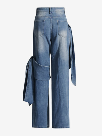 リボン結びワイドレッグジーンズ（レディース） - ミディアムブルー Y2K風ハイウエストバギーデニムパンツ - 2026年春ストリートウェア