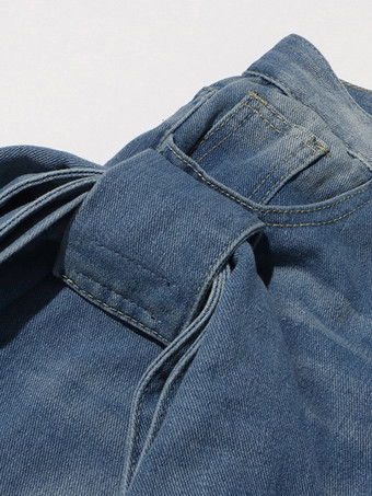 リボン結びワイドレッグジーンズ（レディース） - ミディアムブルー Y2K風ハイウエストバギーデニムパンツ - 2026年春ストリートウェア