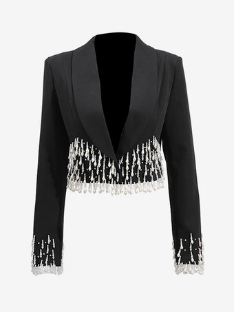 ビーズタッセル付きブレザージャケット（レディース） - フリンジ付きクロップドショールラペル ブラックパーティコート - 2026年春の夜