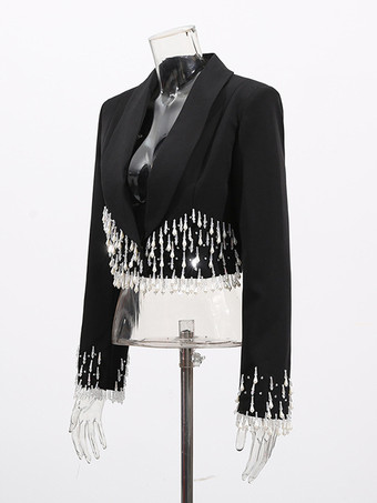 ビーズタッセル付きブレザージャケット（レディース） - フリンジ付きクロップドショールラペル ブラックパーティコート - 2026年春の夜