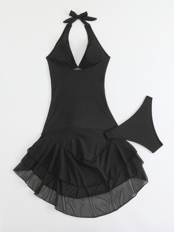 セクシーなハイローツーピース水着（女性用） - メッシュホルターネックフリルスイムドレスとビキニボトム - サマープールパーティー2026