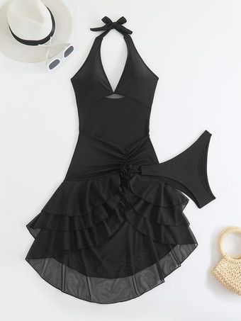 セクシーなハイローツーピース水着（女性用） - メッシュホルターネックフリルスイムドレスとビキニボトム - サマープールパーティー2026