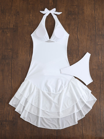 セクシーなハイローツーピース水着（女性用） - メッシュホルターネックフリルスイムドレスとビキニボトム - サマープールパーティー2026