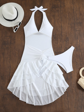 セクシーなハイローツーピース水着（女性用） - メッシュホルターネックフリルスイムドレスとビキニボトム - サマープールパーティー2026