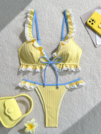 女性用フリルビキニセット - コテージコア風セクシーツーピース水着（レーストリム付き） - 2026年夏のビーチホリデー