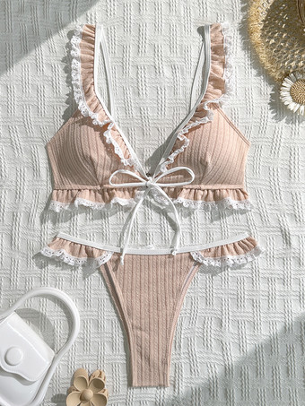 女性用フリルビキニセット - コテージコア風セクシーツーピース水着（レーストリム付き） - 2026年夏のビーチホリデー