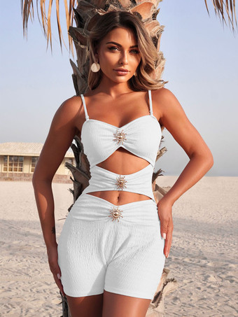 ホワイト 女性用カットアウトワンピース水着 - テクスチャード加工のギャザー入りハイウエスト、サンバックル付きモノキニ - サマービーチリゾート2026