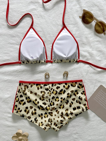 ヒョウ柄ビキニセット（女性用） - トライアングルホルタートップとボーイショーツのスポーティなツーピース水着 - 2026年夏ビーチ