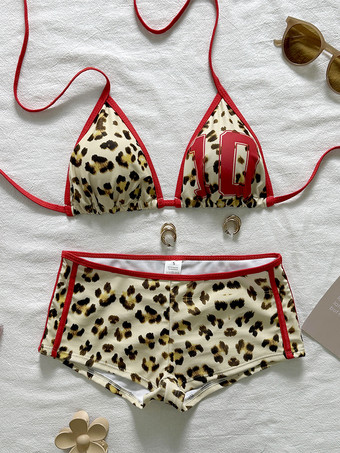 ヒョウ柄ビキニセット（女性用） - トライアングルホルタートップとボーイショーツのスポーティなツーピース水着 - 2026年夏ビーチ