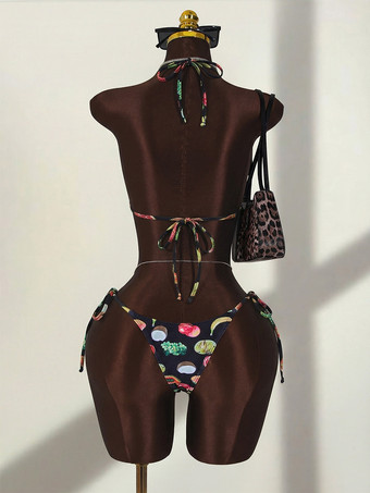 フルーツ柄3点セット水着（レディース） - トライアングルホルタービキニ、ワイドレッグパンツ、カバーアップ付き - サマーリゾート2026