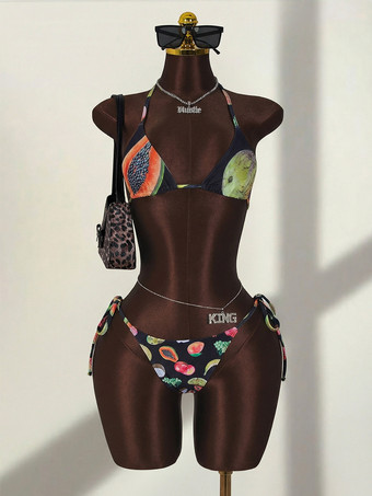 フルーツ柄3点セット水着（レディース） - トライアングルホルタービキニ、ワイドレッグパンツ、カバーアップ付き - サマーリゾート2026