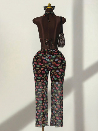 フルーツ柄3点セット水着（レディース） - トライアングルホルタービキニ、ワイドレッグパンツ、カバーアップ付き - サマーリゾート2026