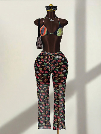 フルーツ柄3点セット水着（レディース） - トライアングルホルタービキニ、ワイドレッグパンツ、カバーアップ付き - サマーリゾート2026