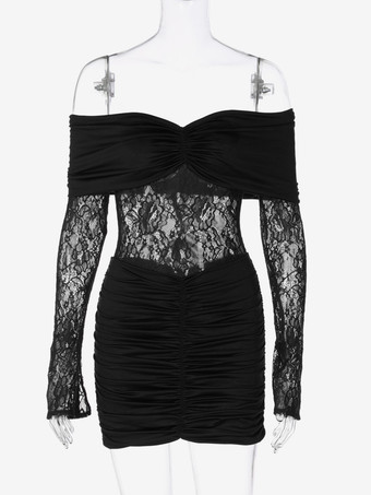 レースパッチワークボディコンドレス（女性用） - オフショルダー長袖ギャザー入りセクシーミニガウン - 春のナイトアウトクラブウェア 2026