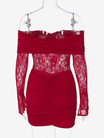 レースパッチワークボディコンドレス（女性用） - オフショルダー長袖ギャザー入りセクシーミニガウン - 春のナイトアウトクラブウェア 2026