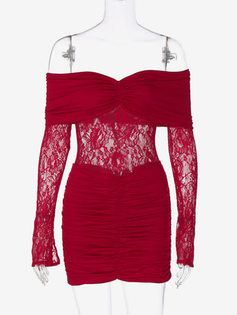 レースパッチワークボディコンドレス（女性用） - オフショルダー長袖ギャザー入りセクシーミニガウン - 春のナイトアウトクラブウェア 2026