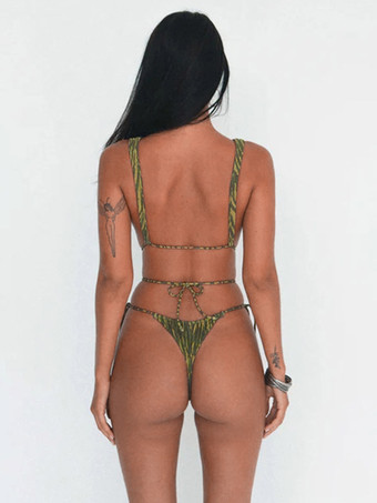 女性用ディープVワンピース水着 - オリーブゼブラプリントギャザーカットアウトタイサイドハイカットモノキニ - サマープールパーティー2026