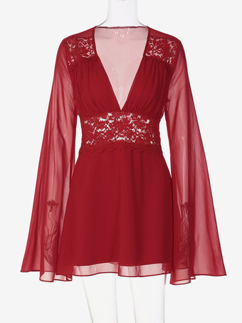 レースパッチワークミニドレス（レディース） - ディープVネック、フレアスリーブ、エンパイアウエスト、ショート丈サマードレス - 春のビーチデートナイト 2026