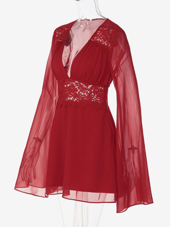 レースパッチワークミニドレス（レディース） - ディープVネック、フレアスリーブ、エンパイアウエスト、ショート丈サマードレス - 春のビーチデートナイト 2026