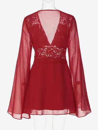 レースパッチワークミニドレス（レディース） - ディープVネック、フレアスリーブ、エンパイアウエスト、ショート丈サマードレス - 春のビーチデートナイト 2026