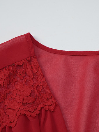 レースパッチワークミニドレス（レディース） - ディープVネック、フレアスリーブ、エンパイアウエスト、ショート丈サマードレス - 春のビーチデートナイト 2026