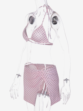 ピンクのドット柄3点セット水着（女性用） - トライアングルマイクロビキニ、サイドスリットスカートカバーアップ付き - 2026年夏ビーチ