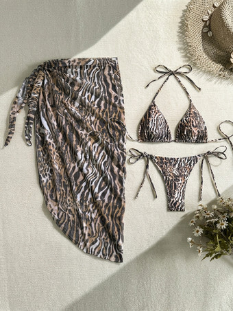 ヒョウ柄タイガープリントの3点セット水着（女性用） - トライアングルホルタービキニ、ロングサロンスカートカバーアップ - サマーリゾート2026