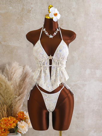 スパンコールホルタータンキニセット（レディース） - 花柄アップリケ付き2ピース水着（ヒトデチャーム付き） - サマービーチパーティー2026