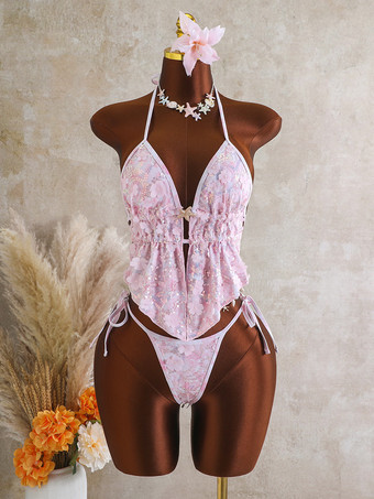 スパンコールホルタータンキニセット（レディース） - 花柄アップリケ付き2ピース水着（ヒトデチャーム付き） - サマービーチパーティー2026