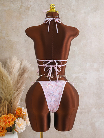 スパンコールホルタータンキニセット（レディース） - 花柄アップリケ付き2ピース水着（ヒトデチャーム付き） - サマービーチパーティー2026