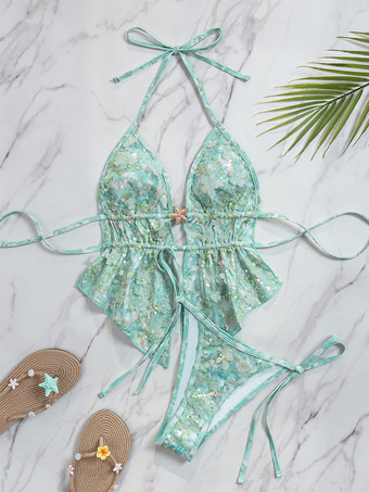 スパンコールホルタータンキニセット（レディース） - 花柄アップリケ付き2ピース水着（ヒトデチャーム付き） - サマービーチパーティー2026