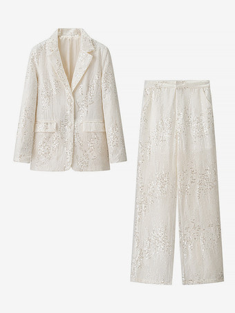 スパンコール付きツーピーススーツセット（女性用） - クラウドホワイトグリッターブレザーとワイドレッグパンツのセットアップ - 2026年春のパーティーナイト