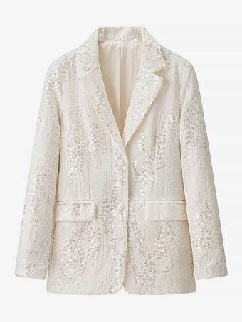 スパンコール付きツーピーススーツセット（女性用） - クラウドホワイトグリッターブレザーとワイドレッグパンツのセットアップ - 2026年春のパーティーナイト