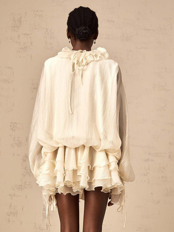 フリルレイヤードミニドレス（レディース） - ボヘミアン風ランタンスリーブフラワーVネックスケータードレス（ショートパンツ付き） - 2026年春のパーティー