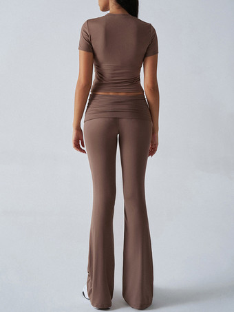 ヨガセット ツーピース レディース - スリムフィット 半袖クロップトップとフレアパンツ - サマーアクティブウェア ラウンジ 2026