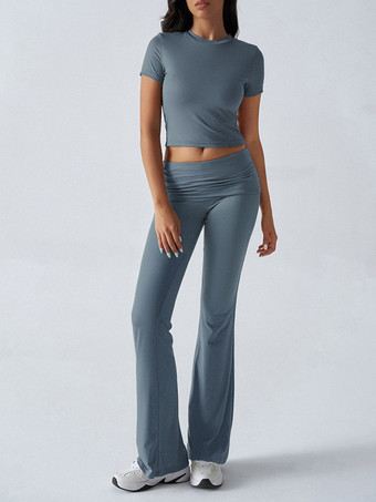 ヨガセット ツーピース レディース - スリムフィット 半袖クロップトップとフレアパンツ - サマーアクティブウェア ラウンジ 2026