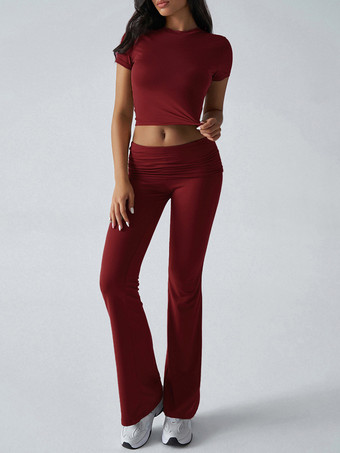 ワインレッド ヨガセット ツーピース レディース - スリムフィット 半袖クロップトップとフレアパンツ - サマーアクティブウェア ラウンジ 2026