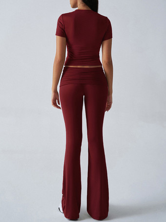 ヨガセット ツーピース レディース - スリムフィット 半袖クロップトップとフレアパンツ - サマーアクティブウェア ラウンジ 2026