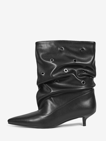 ブラック レディース キトゥンヒール ブーティ ポインテッドトゥ メタルカットアウト アンクルブーツ