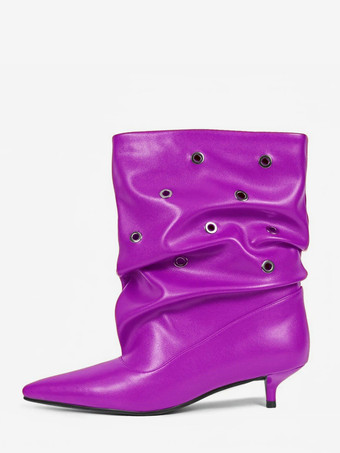 パープル レディース キトゥンヒール ブーティ ポインテッドトゥ メタルカットアウト アンクルブーツ